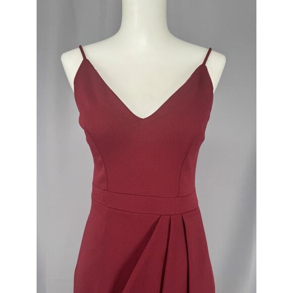 BHLDN Dress Size 0 Maroon Midi Ruched Spaghetti Strap Bridesmaid Wedding Hoco - Picture 2 of 11